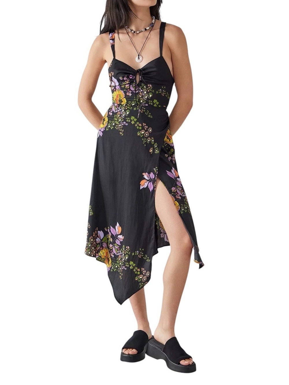 Urban Outfitters Priscilla Black Floral Pinch Front Lace Up Back Midi Dress
